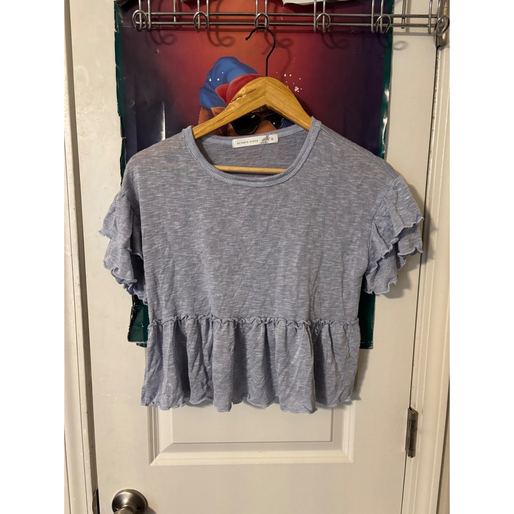 Altar'd State Women Blue Ruffle Flutter Sleeve Peplum Slub Knit Top Small